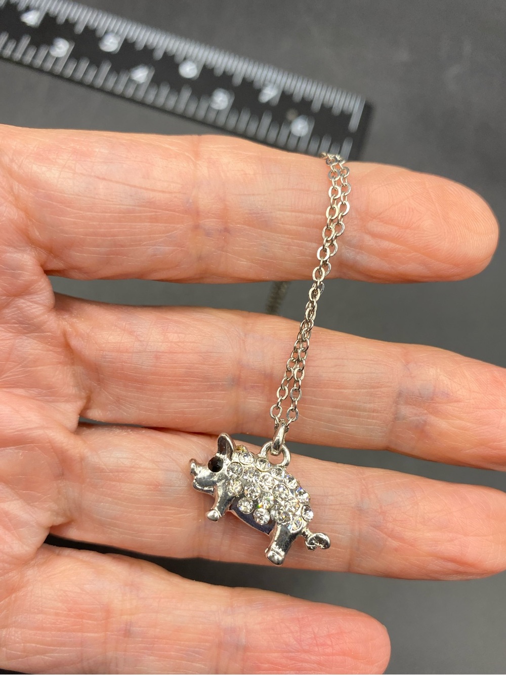 Crystal Covered Piggy Necklace On Silver Tone Delicate Chain